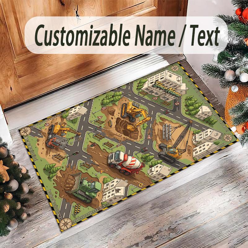 Construction Vehicles Theme Crystal Velvet Rug Personalized Custom Name Text Soft Floor Mat Home Decor