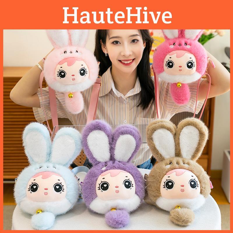 Rabbit Baby Three Plush Toy Shoulder Bag With Adjustable Strap Design Zipper