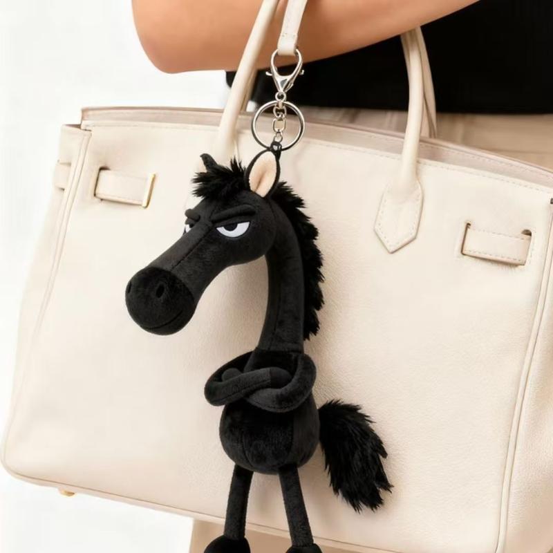 1PC Black Horse Keychain Plush Toy Backpack Pendant Decoration Year of The Horse Plush Toy New Year's Gifts for Boys and Girls