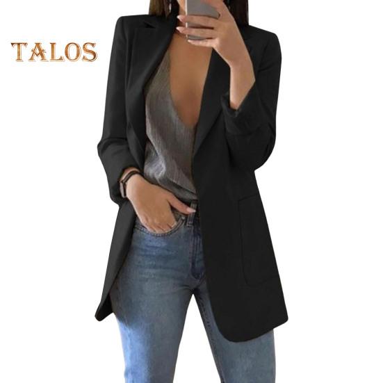 Женский пиджак с лацканами, длинный рукав, открытый спереди, однотонный пиджак в городском стиле, весна-осень, деловая верхняя одежда