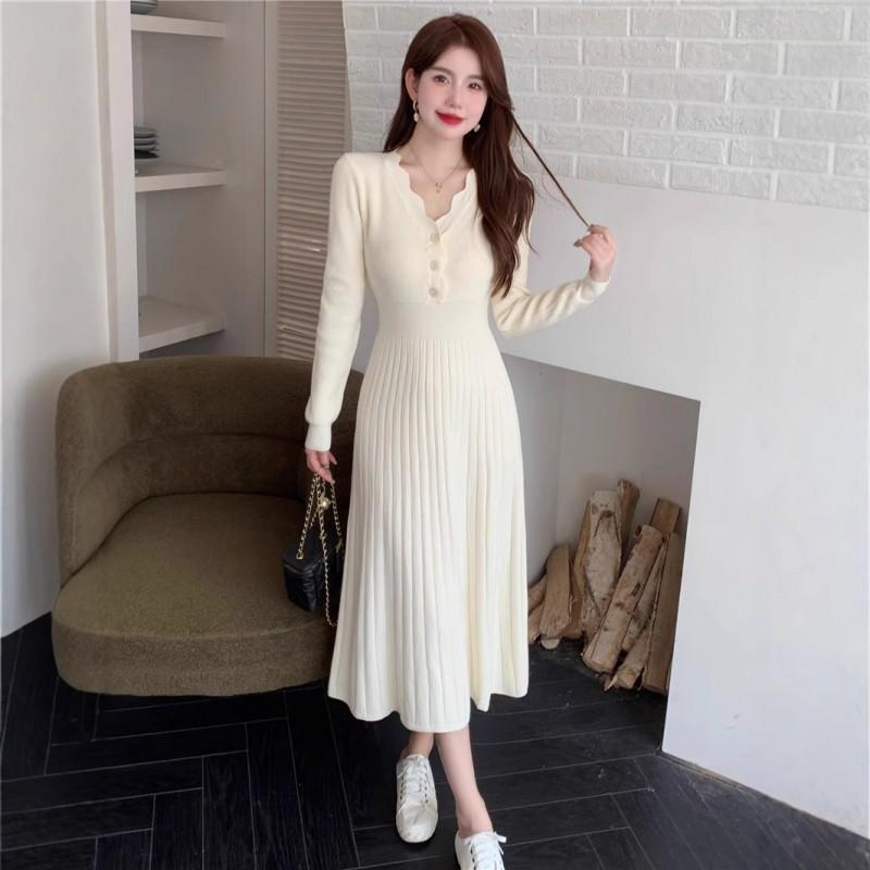 Womens Winter Knit Dress Long Sleeve A-Line Midi With Lace Collar Elegant Office Wear