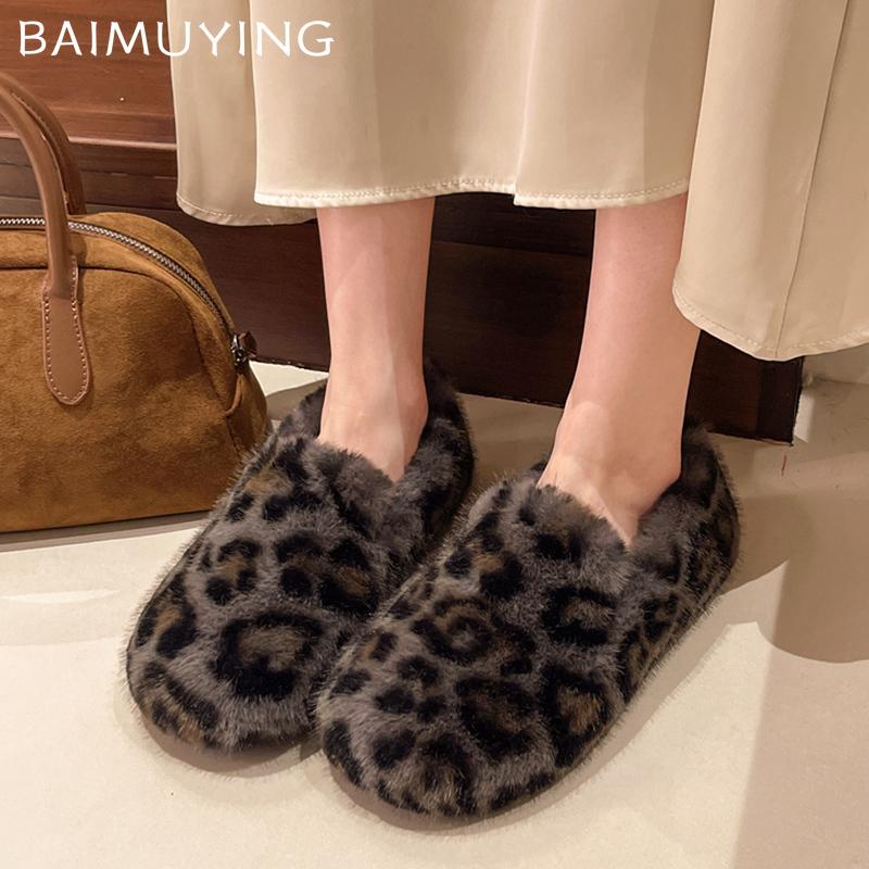 Меховые леопардовые балетки женские хлопковые лоферы обувь короткие плюшевые дизайнерские повседневные туфли 2025 трендовые прогулочные теплые уютные зимние ботинки женские