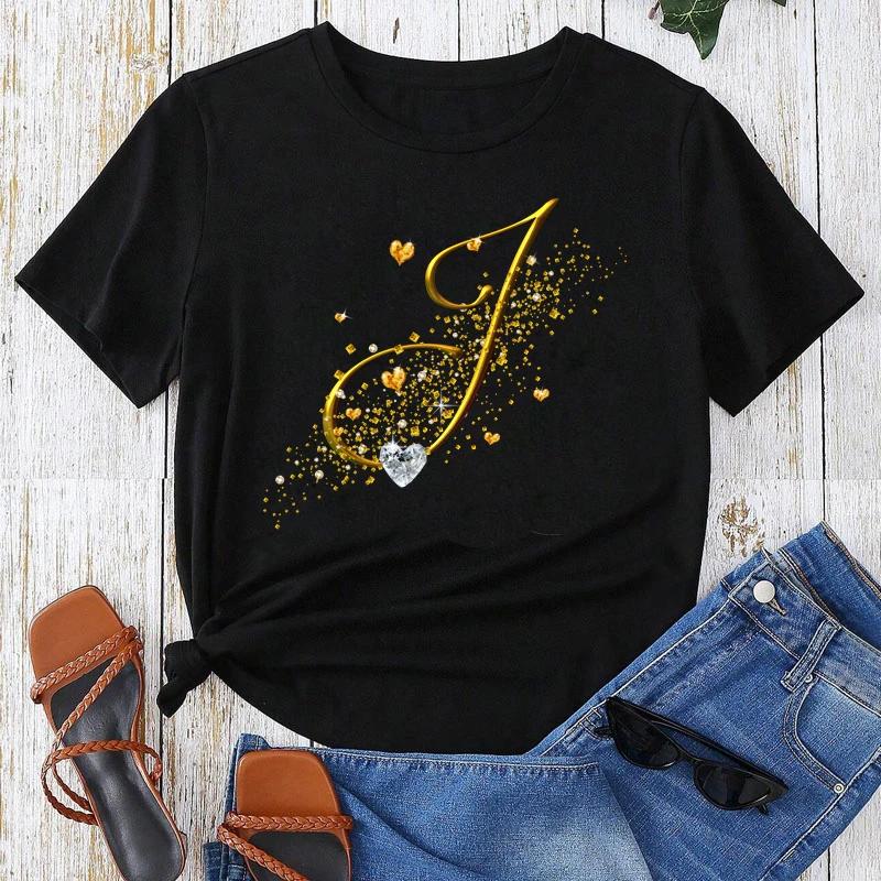 Топы с коротким рукавом с золотым шрифтом из комбинации букв с пользовательским именем, черная футболка, женские топы