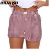 Summer Ladies Casual Comfort High Waisted Baggy Wide Leg Vintage Plaid Shorts