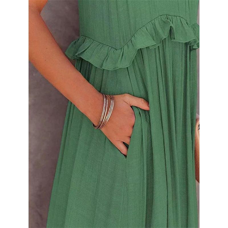 Fashion Elegant Sleeveless Ruffled Maxi Long Dress New O Neck Loose Casual Simple Summer A-line Beach Dresses Female Pleated Solid Color Clothing
