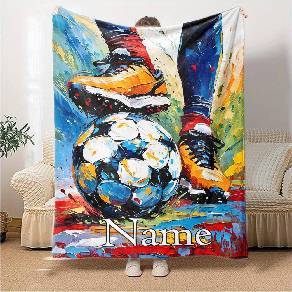 Custom Name Soccer Theme Printed Blanket - Perfect for Couch, Bed, Travel & Outdoor Use | Machine Washable, Cozy & Durable.