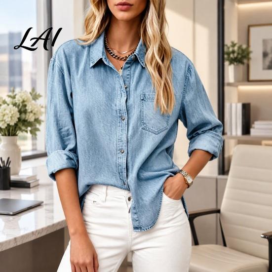 Long Sleeve Tops Women Denim Shirt Lapel Casual Coat Button Relaxed Fit Shirt Down Loose Tops Solid Color Autumn Coat Travel Clothing