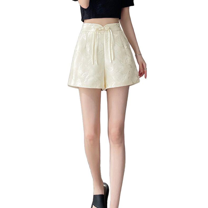 Women's Summer High-Waist Frog Button Ice Silk A-Line Shorts