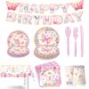 Pink Butterfly Spring Tea Party Tableware: Disposable Cups, Napkins & Banners
