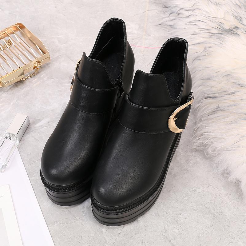 Gdgydh Модные женские ботильоны на танкетке с пряжкой, короткие ботинки на плоской платформе и каблуке с металлическим декором, увеличивающие рост, на молнии