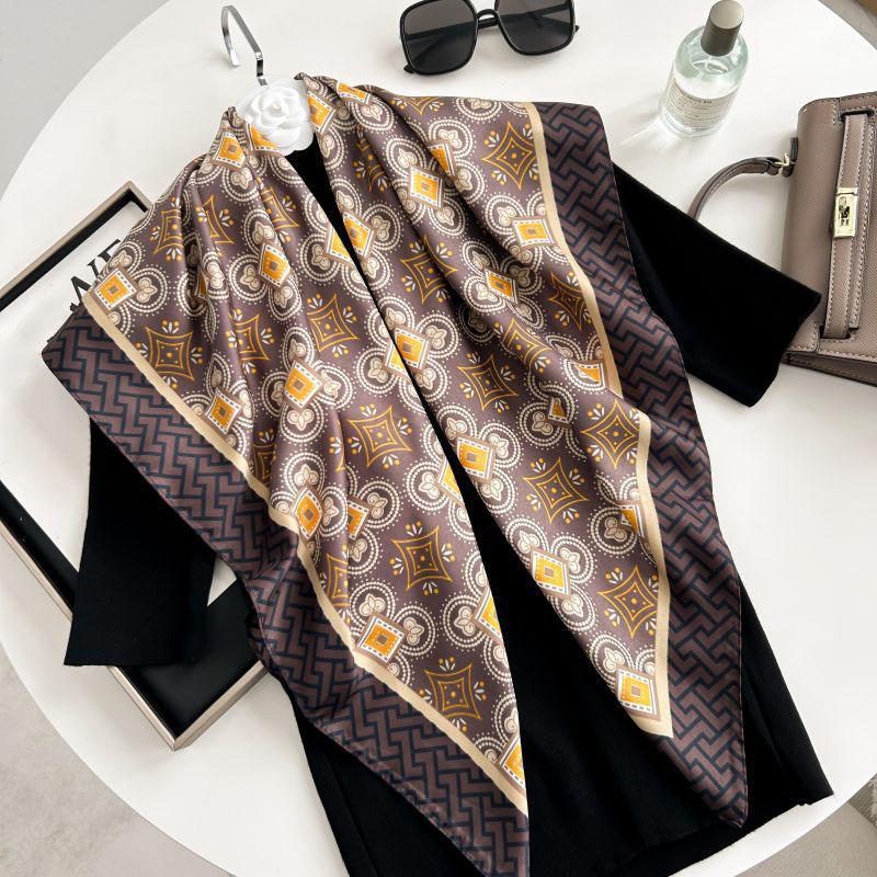 90cm New Fashionable Outdoor Versatile Shawl For Autumn And Winter Simple Large Square Scarf Simulated Silk Scarf For Women