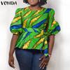 VONDA Женская летняя свободная блузка большого размера с круглым вырезом и девятиточечным пышным рукавом с геометрическим узором и принтом