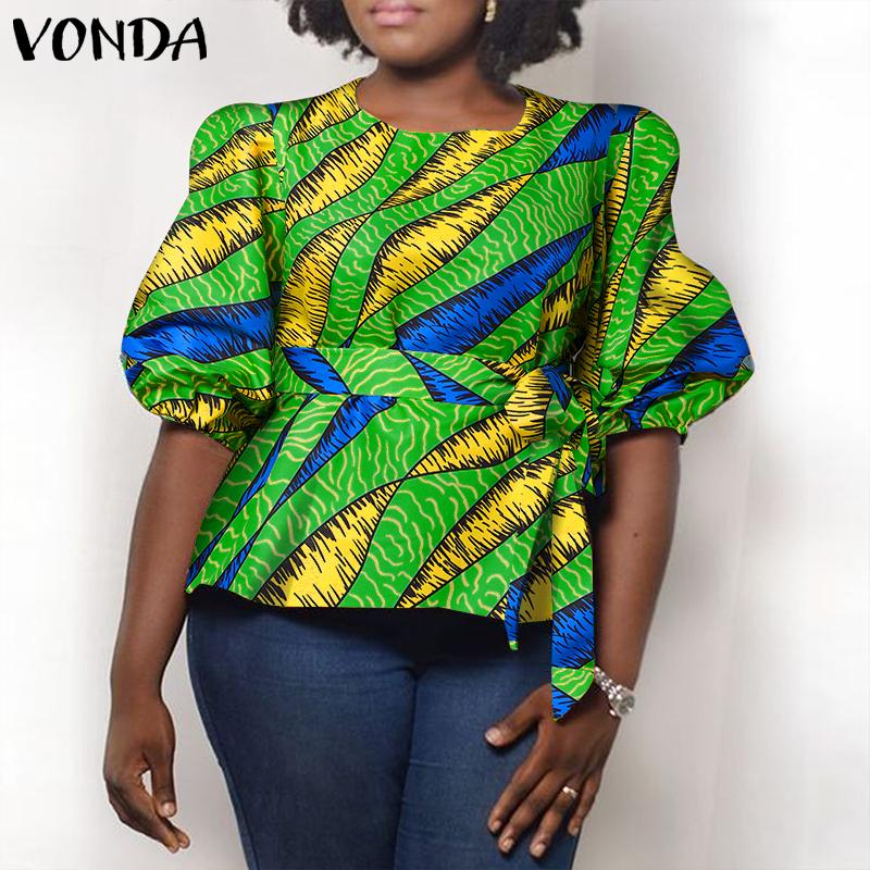 VONDA Женская летняя свободная блузка большого размера с круглым вырезом и девятиточечным пышным рукавом с геометрическим узором и принтом