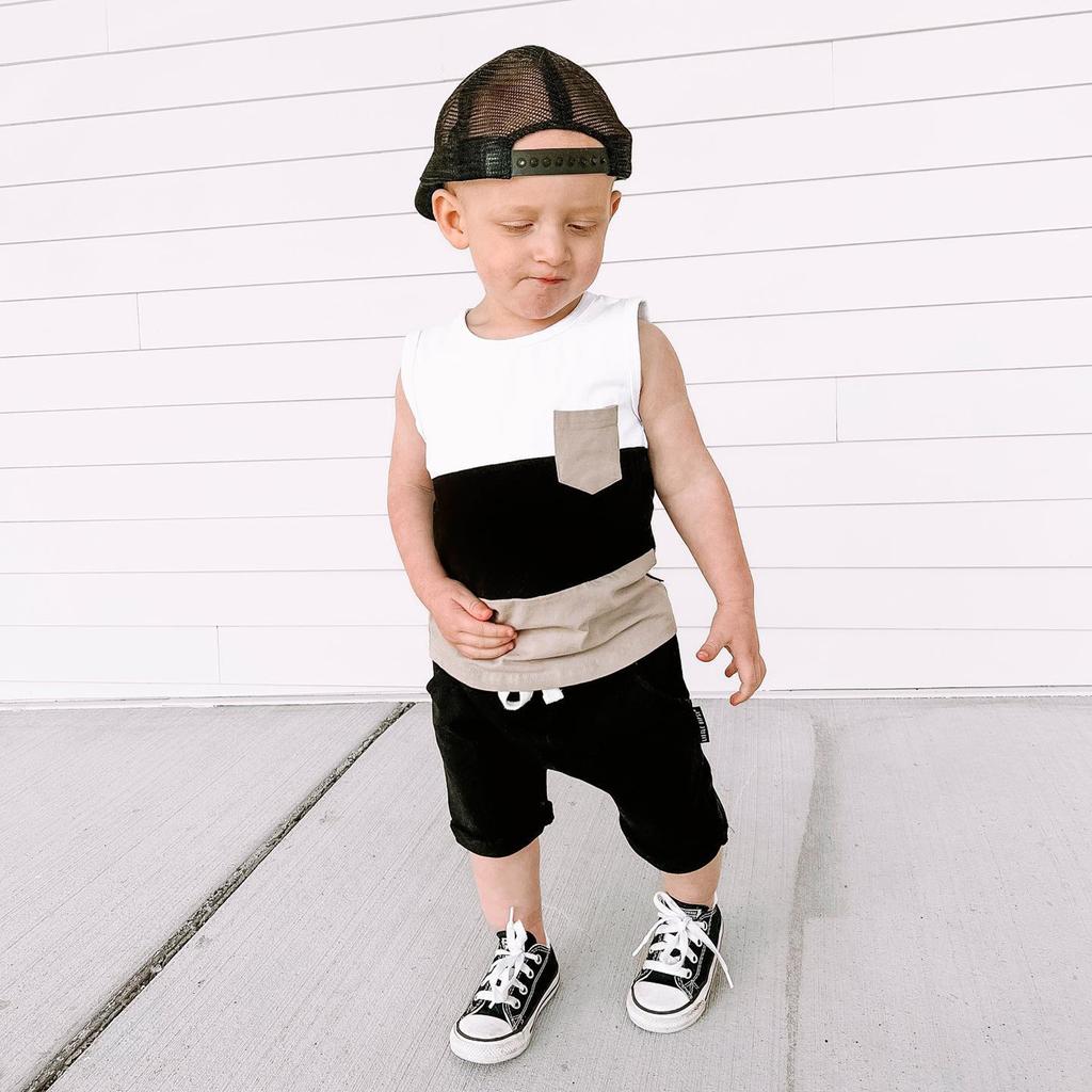Baby Boys 2PCS Pants Suit, Sleeveless Patchwork Crew Tank Tees + White Straps Short Pants, Toddler Boys Casual Outfit