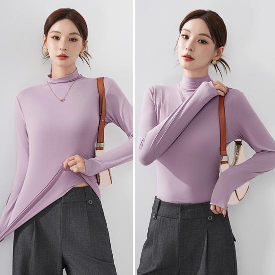 Women Bottoming Tops Half High Collar Long Sleeve Solid Color Slim Fit