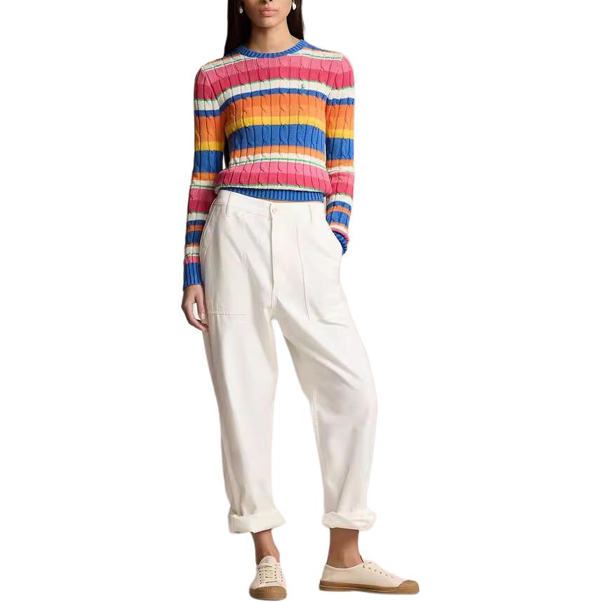Polo Ralph Lauren SS24 Свитер женский с вышивкой логотипа, полосатый, кабельной вязки, приталенного кроя, с круглым вырезом, с длинным рукавом, многоцветный WMPOSWENC020961-400