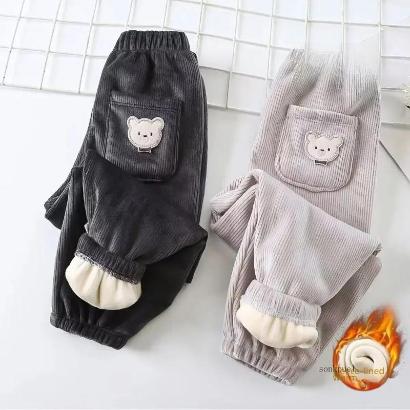 Детские теплые брюки осень-зима для девочек утепленные брюки для маленьких мальчиков с милым принтом медведя детские повседневные шаровары