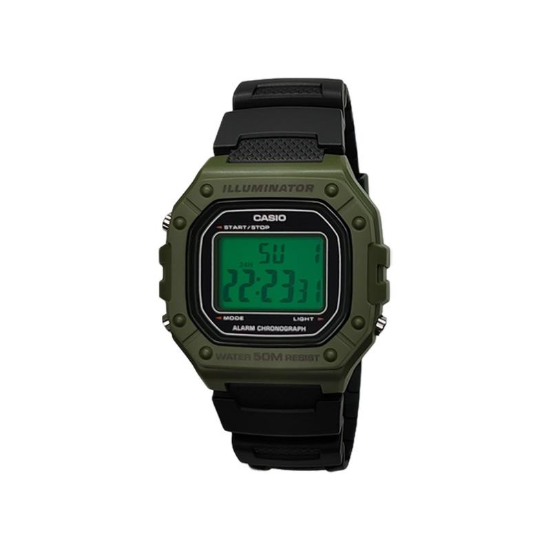 Casio Часы из Коллекции на Заказ Кварцевый Механизм Ремешок из Смолы Мужские Часы Зеленый Циферблат W-218H-3A(Watch5--)