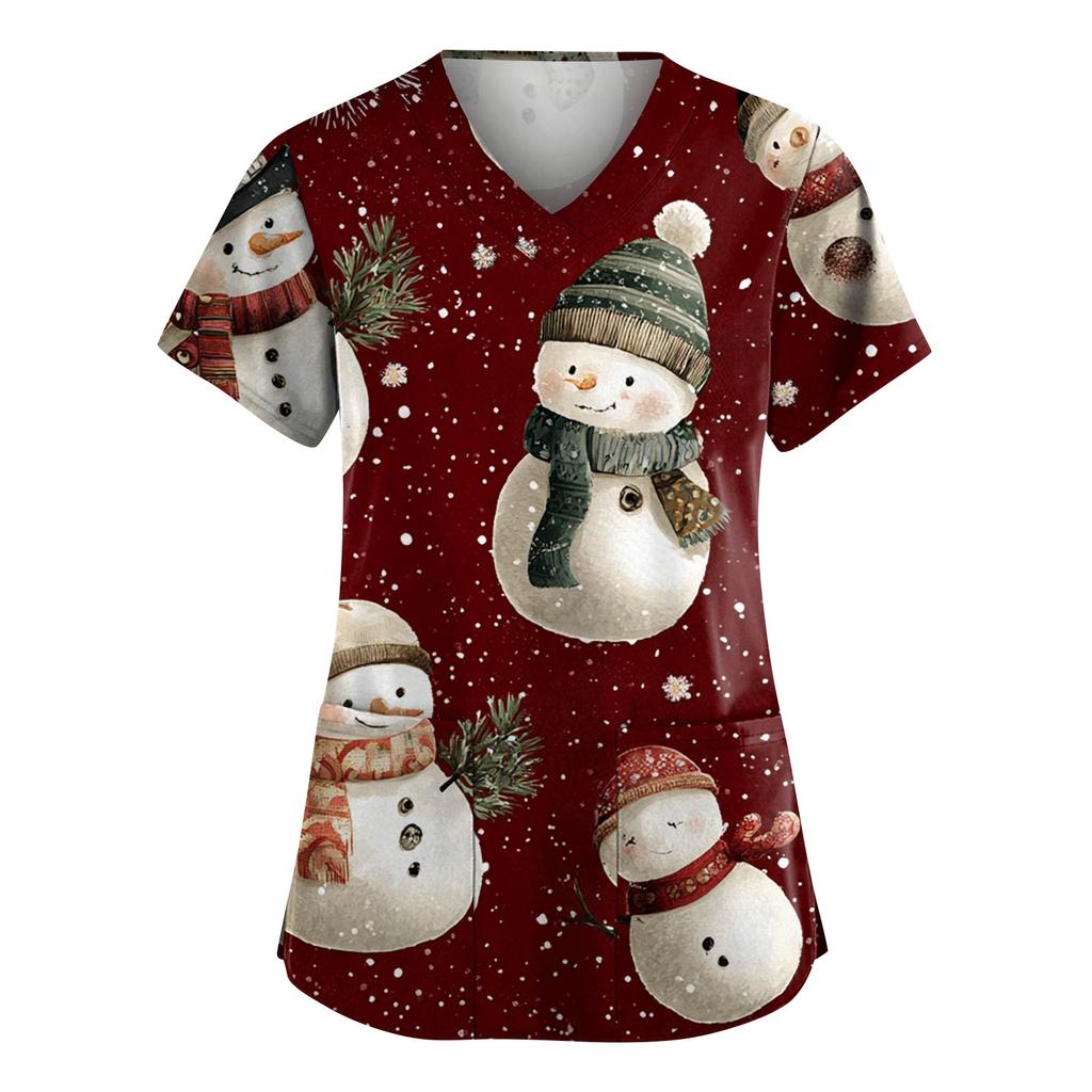 Women's Fashion V-Neck Short-Sleeved Workwear With Pockets Christmas Print Top Caregiver Uniform