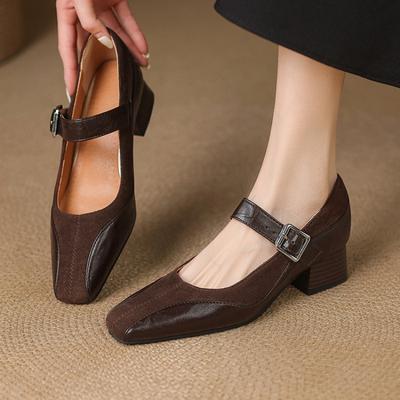 Новая женская модная одинарная обувь с квадратным носком, с пряжкой, на среднем каблуке, обувь большого размера, резиновая подошва, женская обувь, квадратный каблук, носить в четыре сезона, маленькая кожа