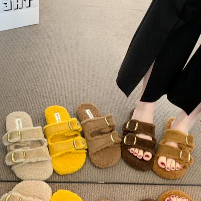 2025 Уличные пушистые тапочки из овечьей шерсти на одном ремешке: Женские осенне-зимние тапочки в корейском сказочном стиле, с плюшем