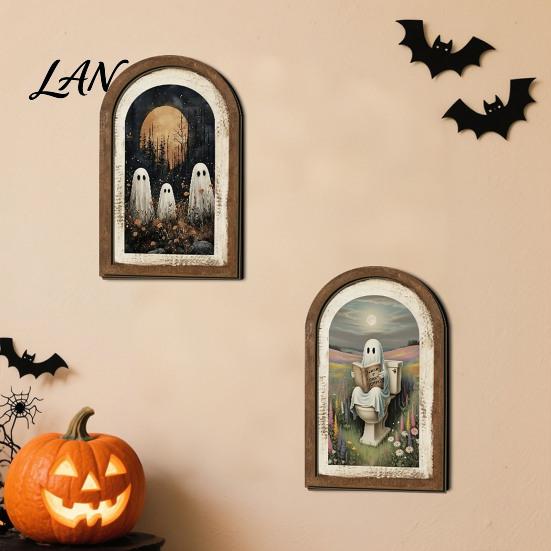 Decorative Shelf Ghost Art Halloween Wall Decor, Cute Table Sign, Vintage Arch Framed Tabletop Decoration Picture, for Mantel Living Room Bedroom