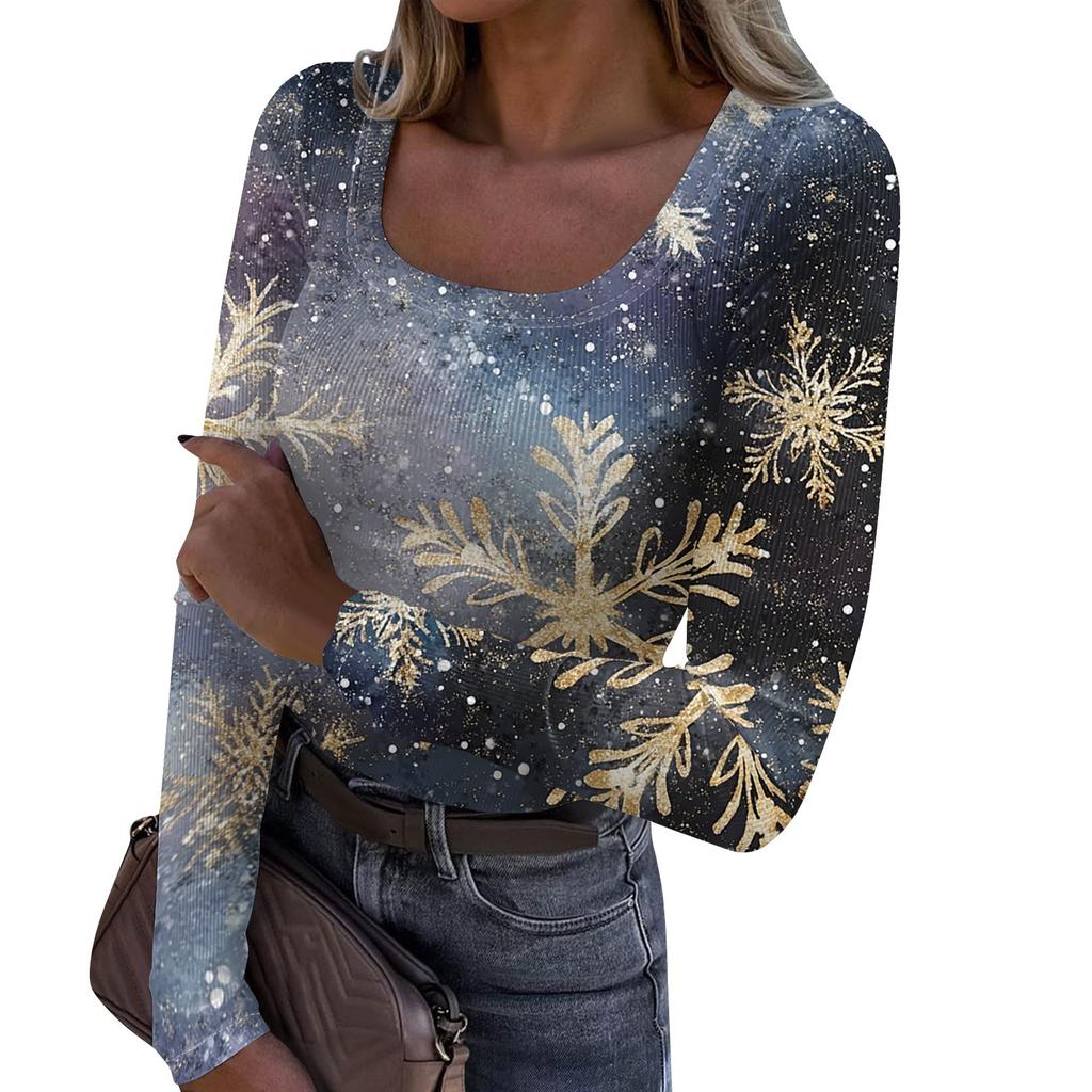 Женская мода Slim Bottom Casual с длинным рукавом и рождественским принтом пуловер с U-образным вырезом