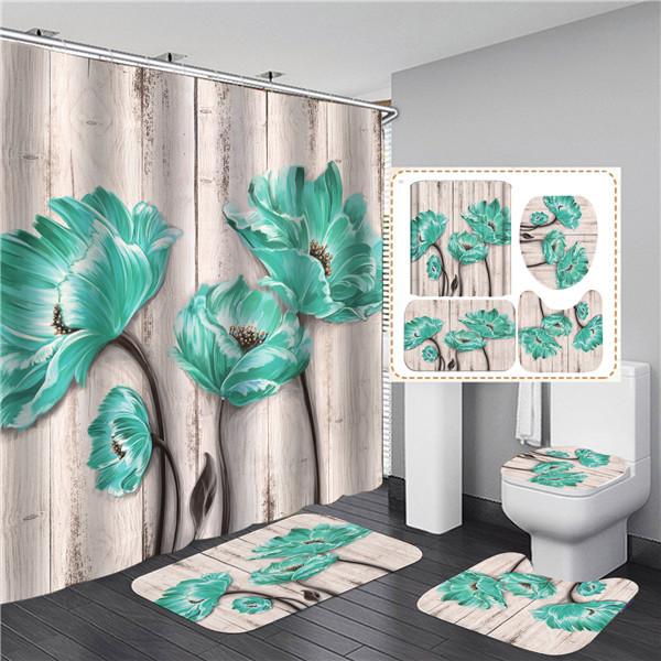 Водонепроницаемые наборы занавесок для душа с ковриками с цветочным принтом Товары для ванной комнаты Чехол на сиденье унитаза Нескользящий напольный коврик Коврики для туалета Ковер