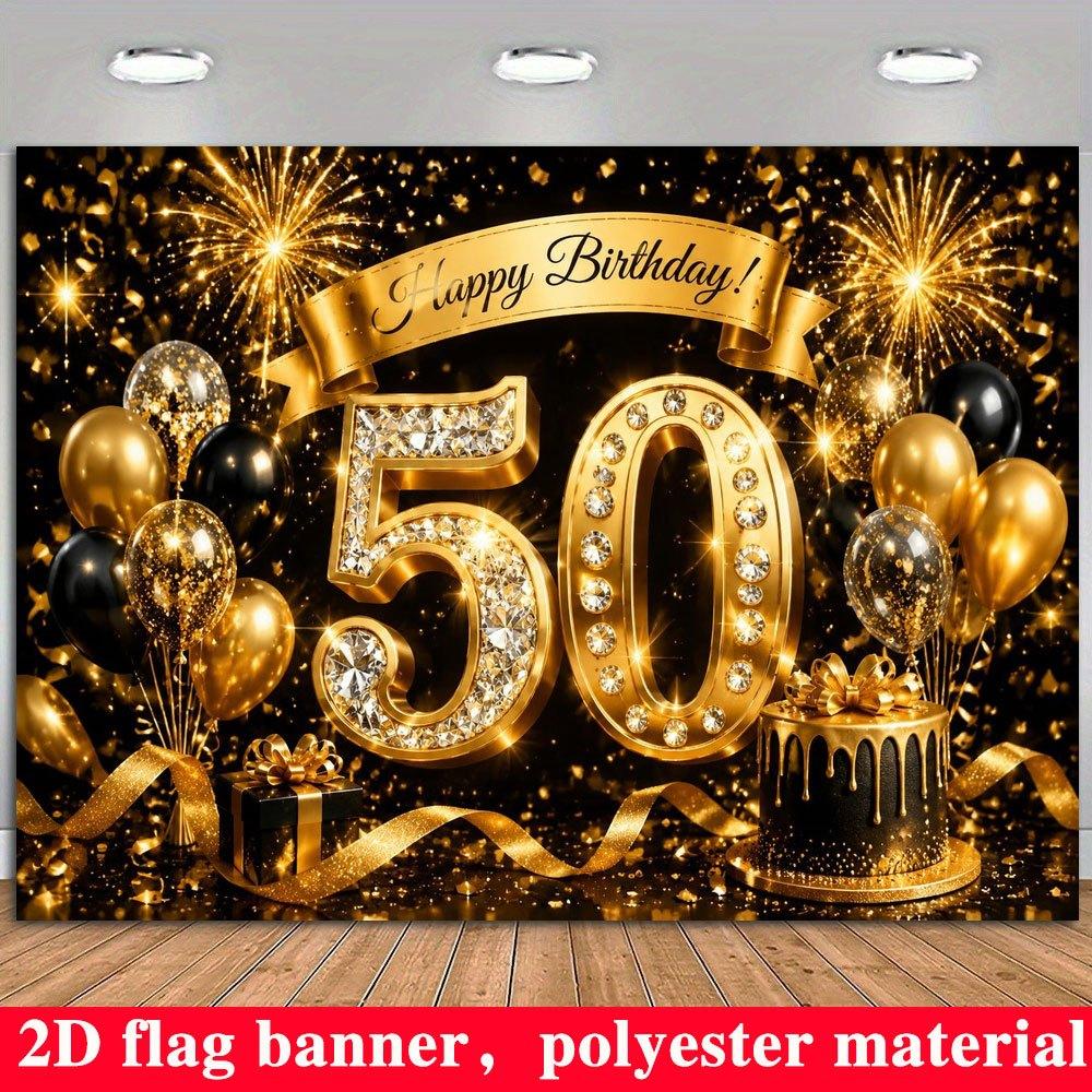 2D Flat Banner, 50th Birthday Party Backdrop, Sequined Numbers, Black and Golden Balloons, Confetti, Gift Boxes, Cakes, Polyester