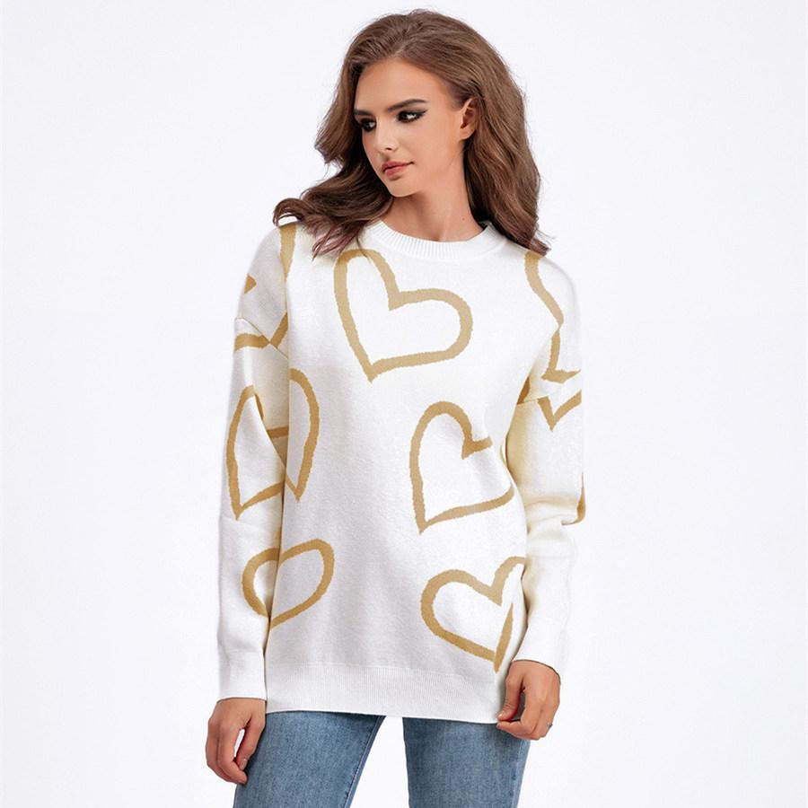 Autumn Winter Round Collar Love Bump Color Sweater Loose Knitted Pullover