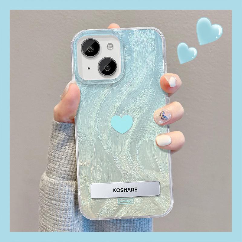 Applicable To Apple 15 Feather Yarn Mobile Phone Case Summer Iphone14pro Smudge Blue Love Invisible Bracket 13