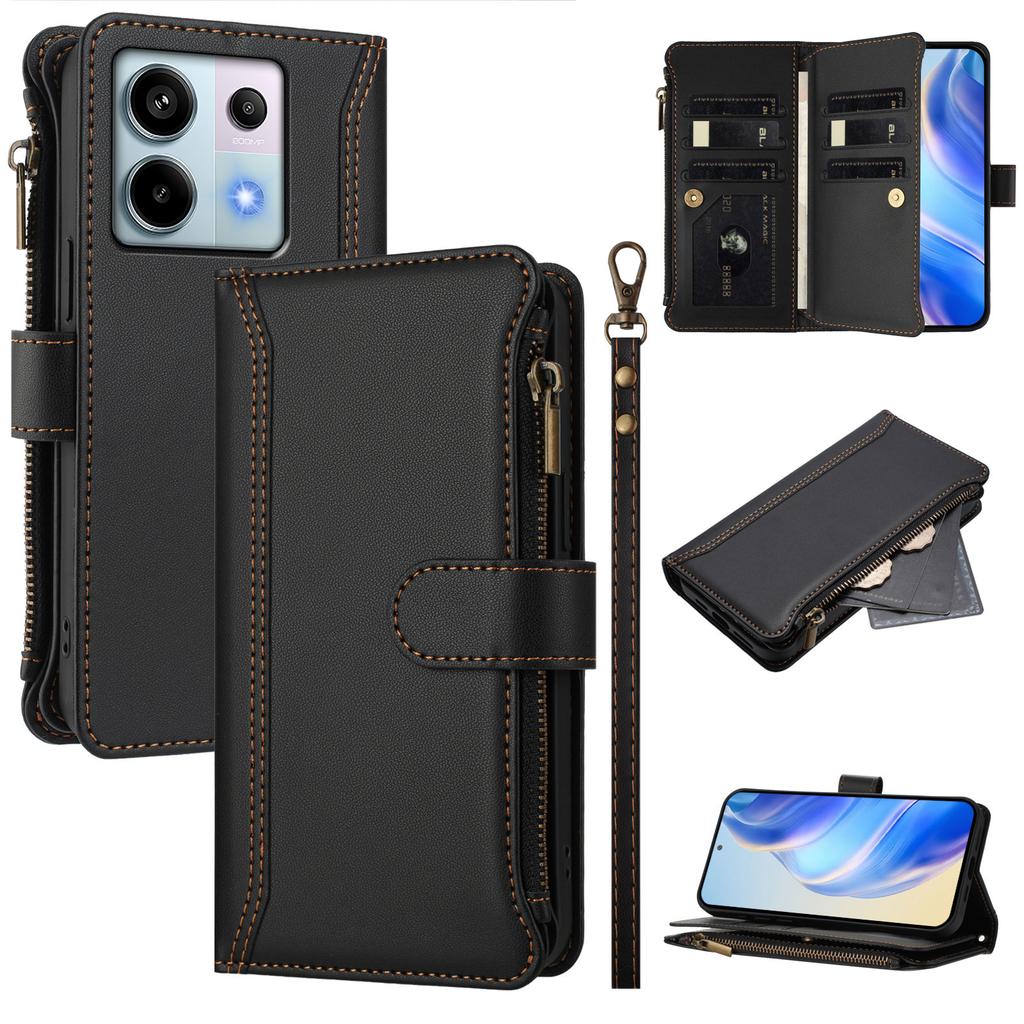 Кожаный чехол для Xiaomi Poco X6 5G/Xiaomi Redmi Note 13 Pro 5G, 9 отделений для карт, кошелек на молнии, подставка, чехол для телефона с ремешком на запястье