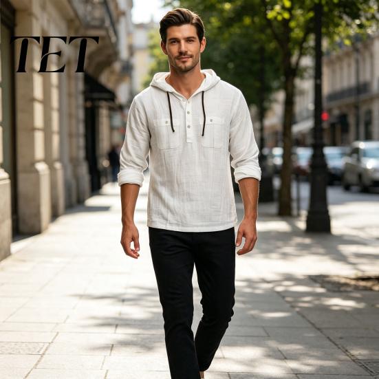 Comfortable Gym Sports Tops Men Cotton Linen Hoodie, Long Sleeve Hooded Sweatshirt with Button Mens Beach Vacation Apparel Neck, Casual Pullover Shirt