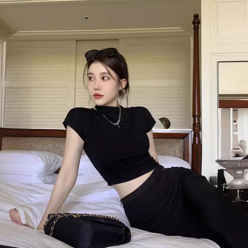 Hot Girl Half High Neck Short-sleeved T-shirt for Women In Summer Design Slim Sexy Slim Fit Inner Top Base Shirt