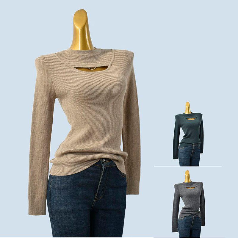 Soft Glutinous Inner Wear Spring and Autumn Sunken Stripe Silm Long Sleeves Pure Color Knitting Woolen Sweater Cut Out Stylish Women's Clothing