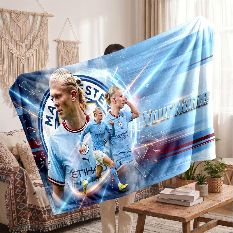 Erling Haaland Personalized Fleece Blanket With Football Logo, Custom Name Text Soft Warm Home Throw Blanket