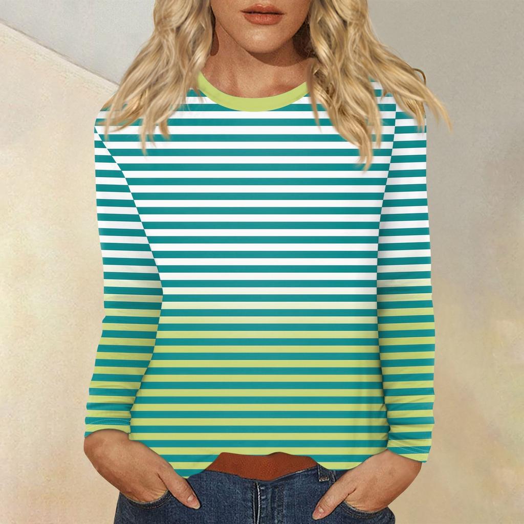 Женский повседневный топ с круглым вырезом и длинными рукавами в полоску с принтом