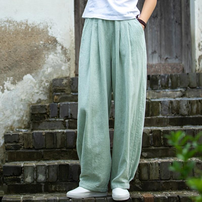 Johnature Женские винтажные однотонные длинные брюки, льняные эластичные весенние брюки с карманами, свободные женские прямые брюки