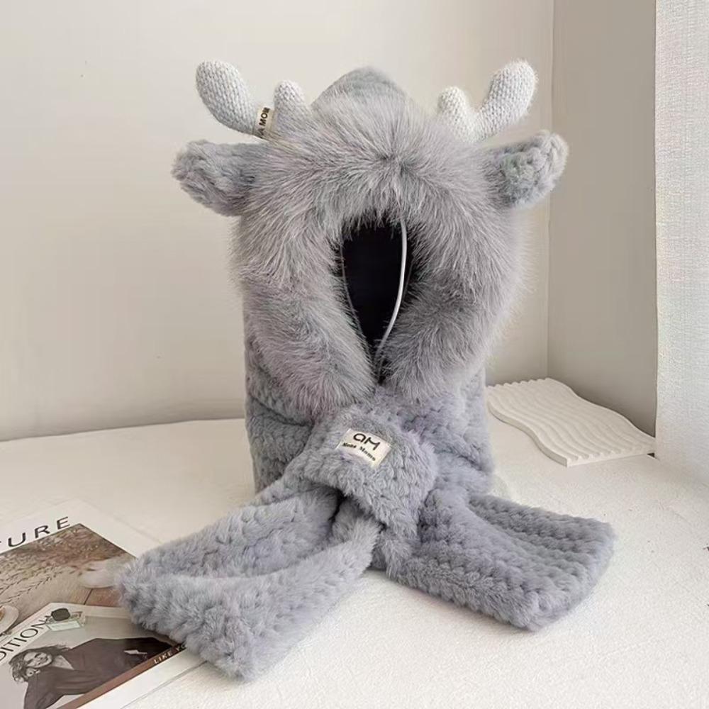Ear Protection Bear Deer Ears Hat Soft Plush Integrated Cap Scarf Cartoon Winter Hat  Women