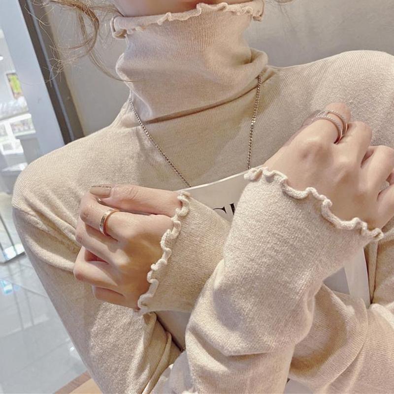 HELIAR Женский свитер с высоким воротом и оборками, длинный рукав, однотонный тонкий пуловер, офисный повседневный свитер, джемпер для женщин, осень-зима