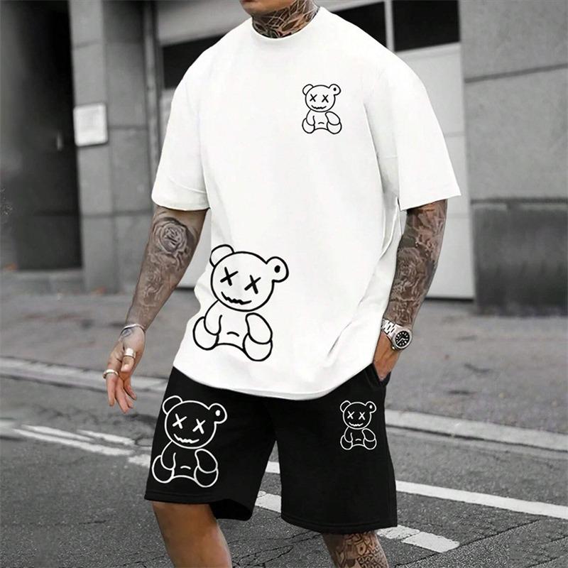 2025 Fun Bear Harajuku футболка мужская летняя свободная повседневная пара костюм для улицы шорты с коротким рукавом двухсекционный мужской летний костюм