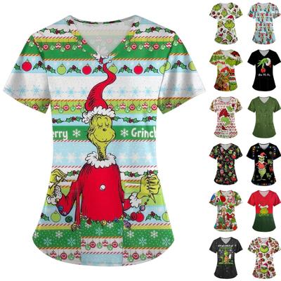 Женский топ с коротким рукавом и крестом с дефолиацией и V-образным вырезом с карманом и принтом