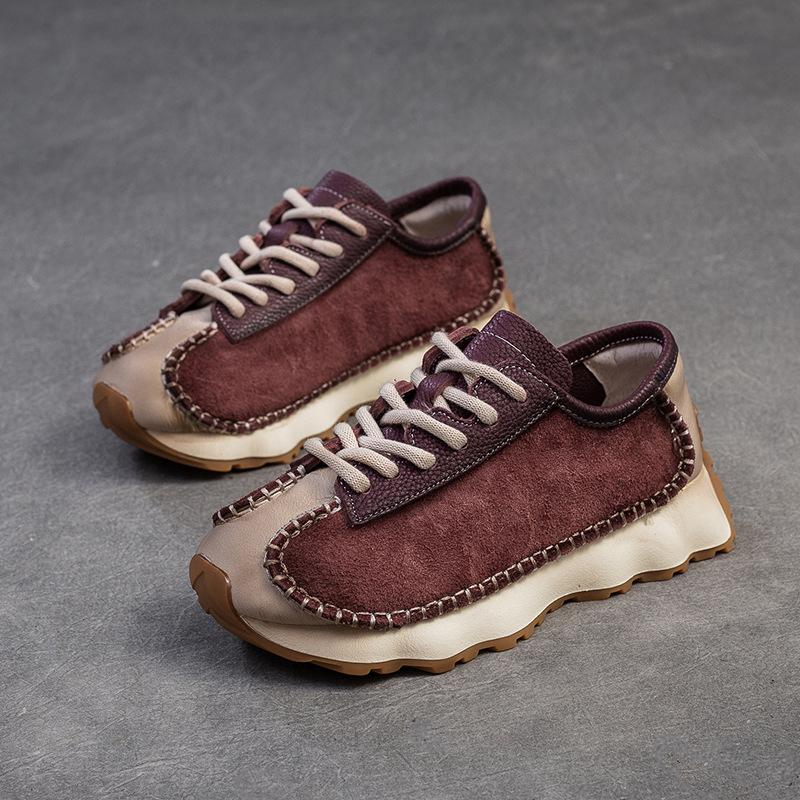 Johnature Retro yumaloq burunli haqiqiy charm krossovkalar ayollar poyafzali kundalik va ko'p qirrali yumshoq taglikli sport poyafzali