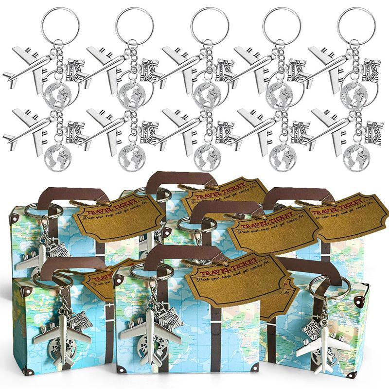 10 наборов мини-чемоданов, подарочных коробок, конфет, подарочных коробок для вечеринки с брелками в виде самолета и дорожных билетов для свадебной вечеринки