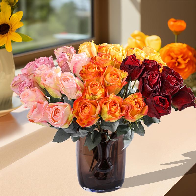 7pcs Burnt Edge Lifelike Rose Flower Branch 64cm Artificial Flowers Elegant Wedding Bouquets Dried Rose Desktop Ornament