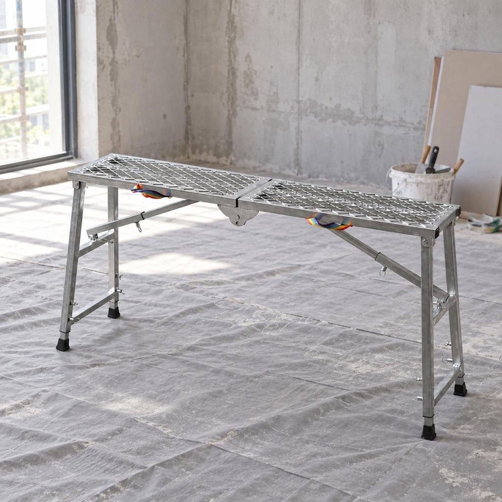 Foldable Metal Trestle Scaffold Portable with ExpandedMetal Mesh Works Surfaces Folding