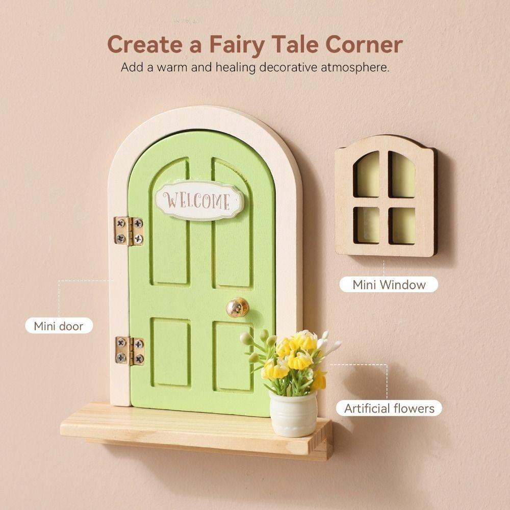 Mini Wooden Fairy Elf Door Set Simulation Balcony Fairy Door Cartoon Kids Toys Home Decor