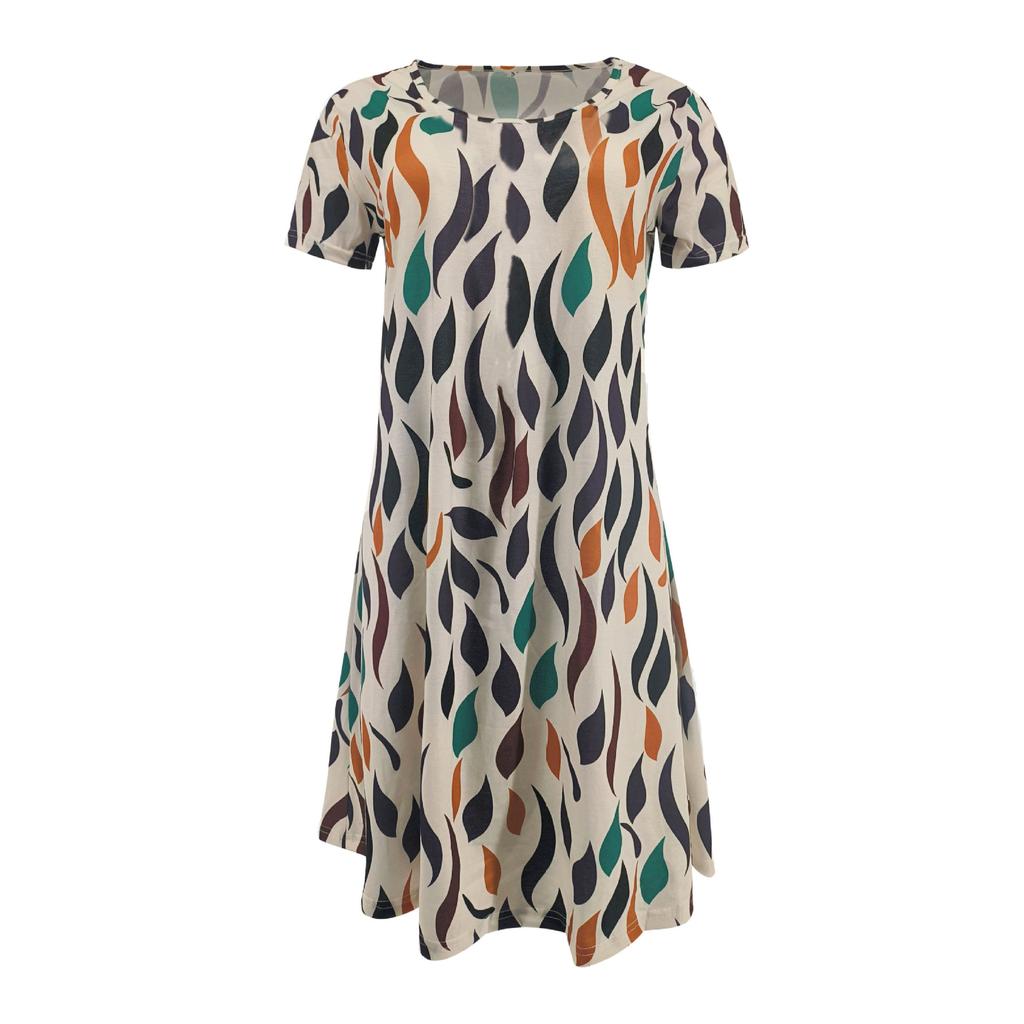 2023 Summer Women's Casual Crewneck Loose Printed Short-sleeved Dress
