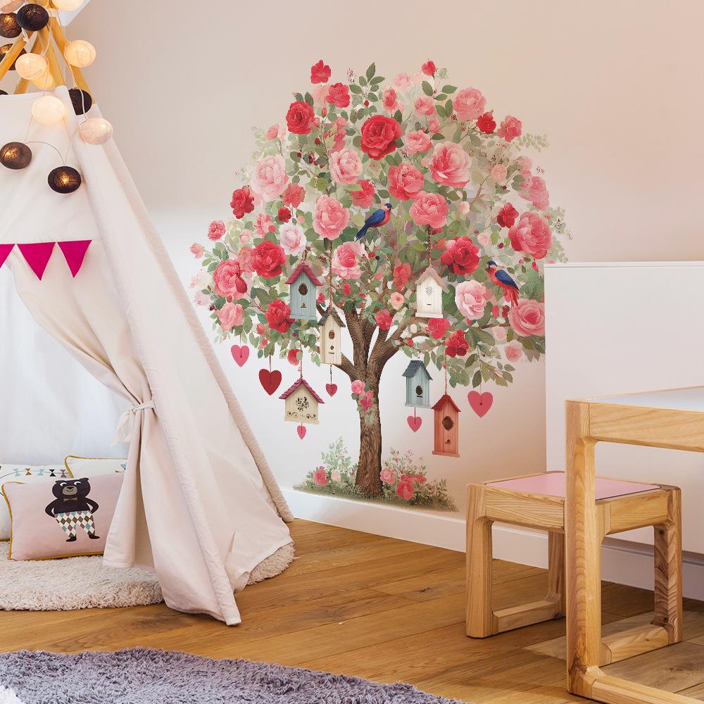 The Rose Flowers On The Big Tree and The Decorative Wall Stickers for The Living Room and Bedroom of The Birdhouse
