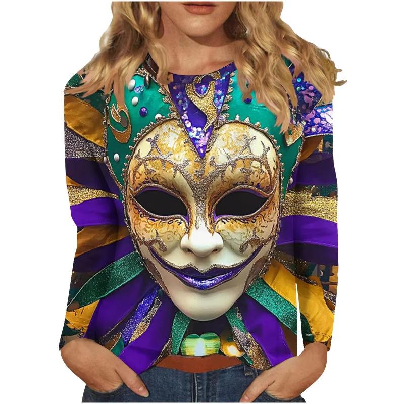 3D Mardi Gras Mask Printed Top Casual Long Sleeved Women's T-shirts - Soft Medium Stretch Polyester Fabric Spring and Autumn Relaxed Fit Clothing